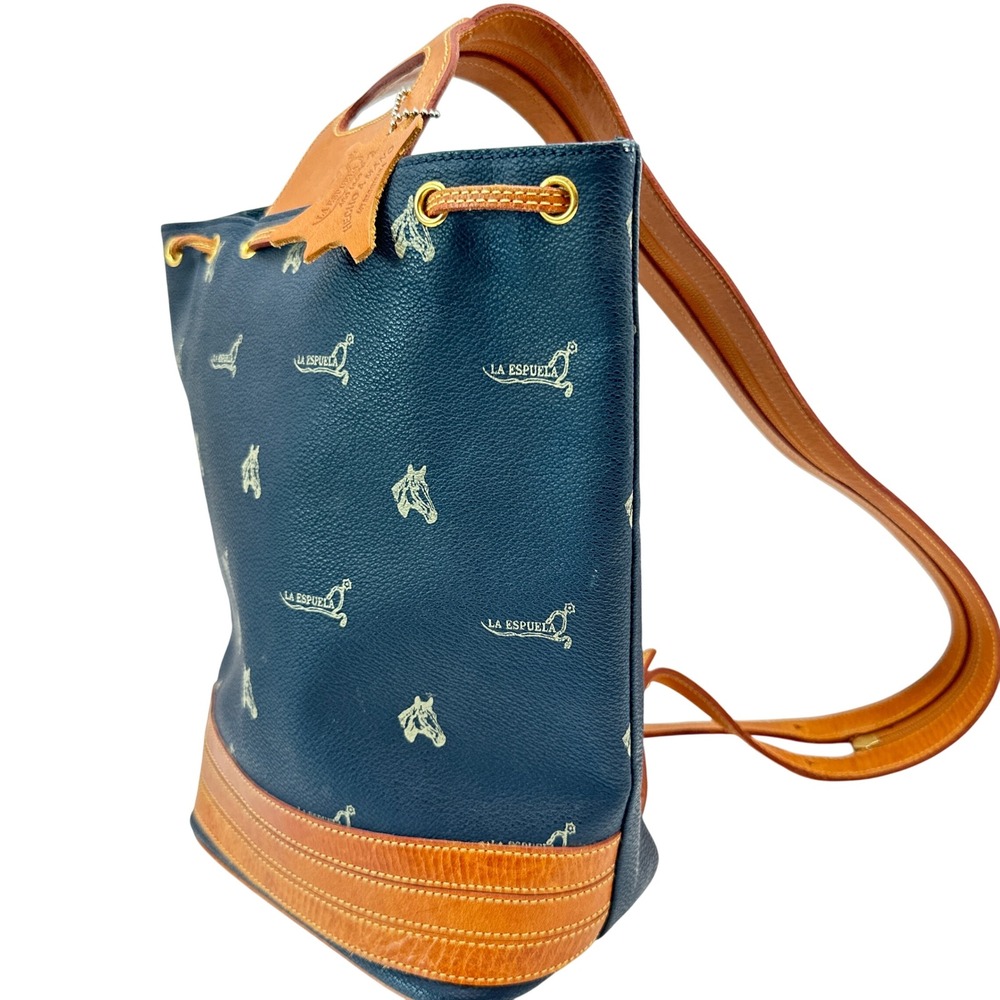 La Espuela Pena-Ramirez Navy Leather Horse Print Convertible Bucket Backpack Bag
